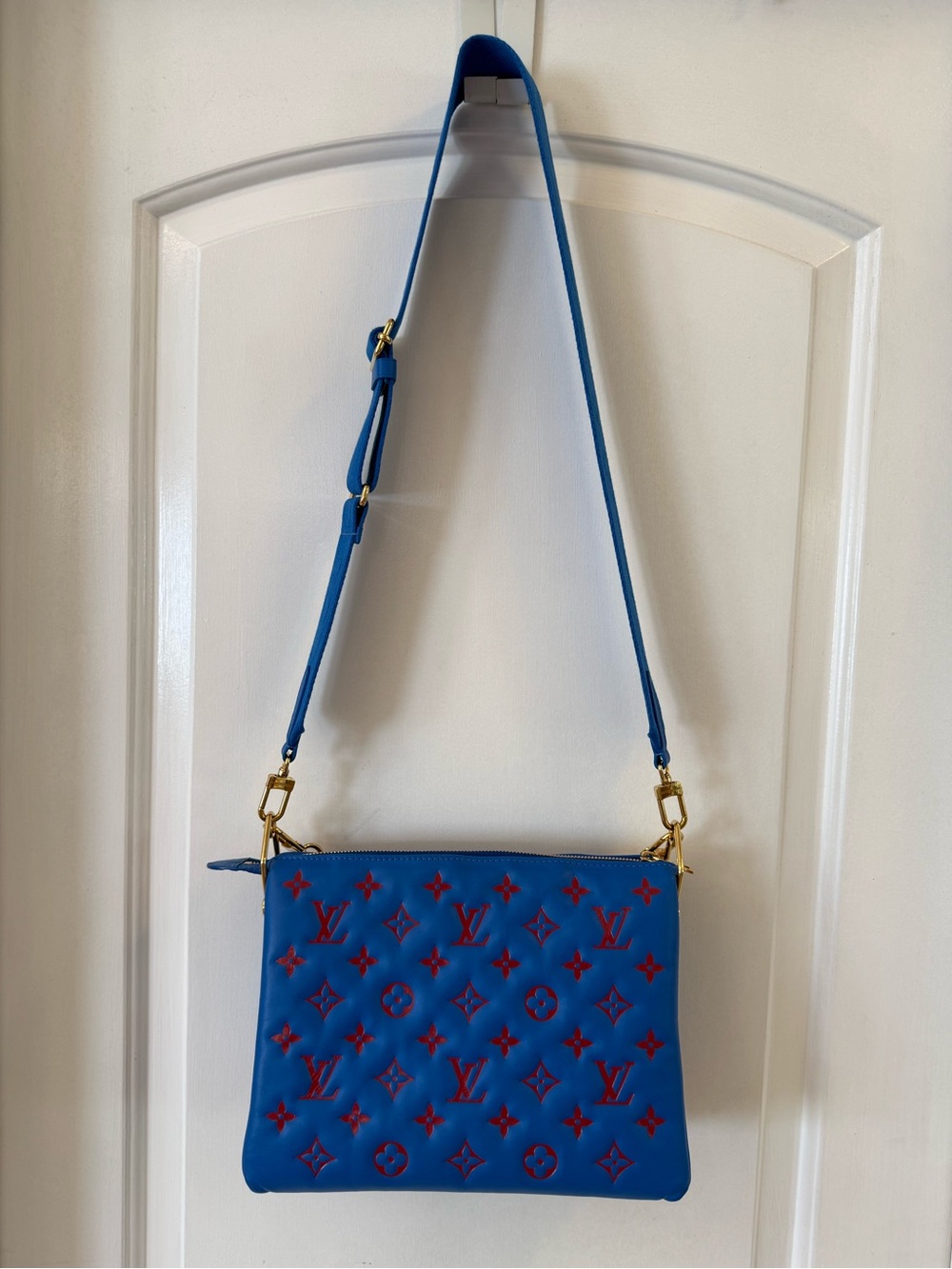 Louis Vuitton Blue & Red Quilted Monogram Coussin PM Bag with Gold Chain & Strap - Picture 14 of 14